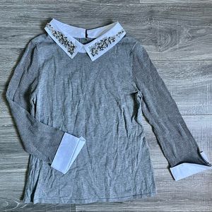 Belldini Rhinestone Collared Pullover Sweater